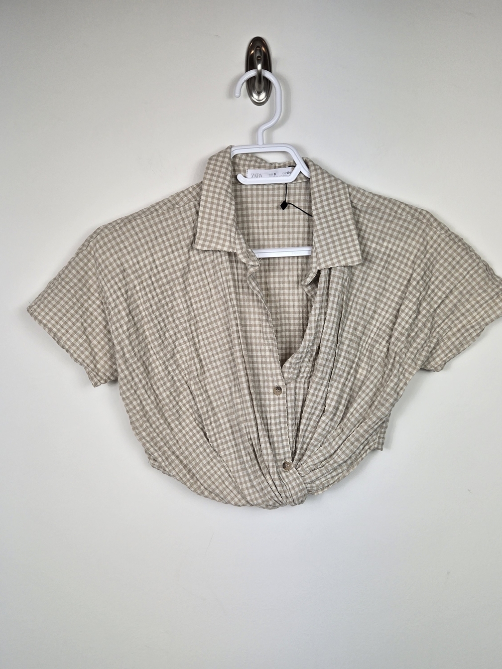 Zara Girls Gingham Twist Front Crop Top Beige Check Linen Blend Size 9 NWOT